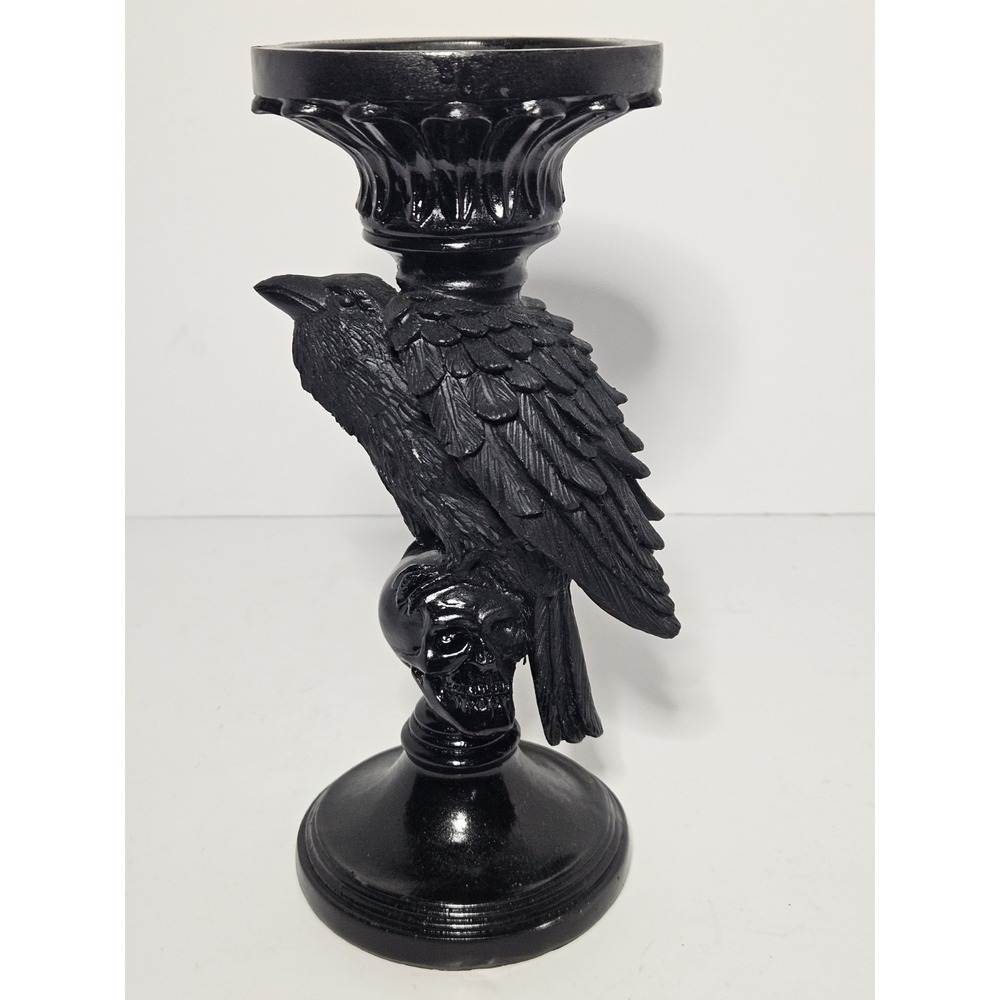 Celebrate It Halloween Raven on Skull Candle Holder Black Gothic Decor 9in